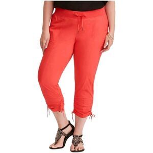 NEW TORRID BRIGHT CORAL Cinch Stretch Poplin Cropped Cargo Pants